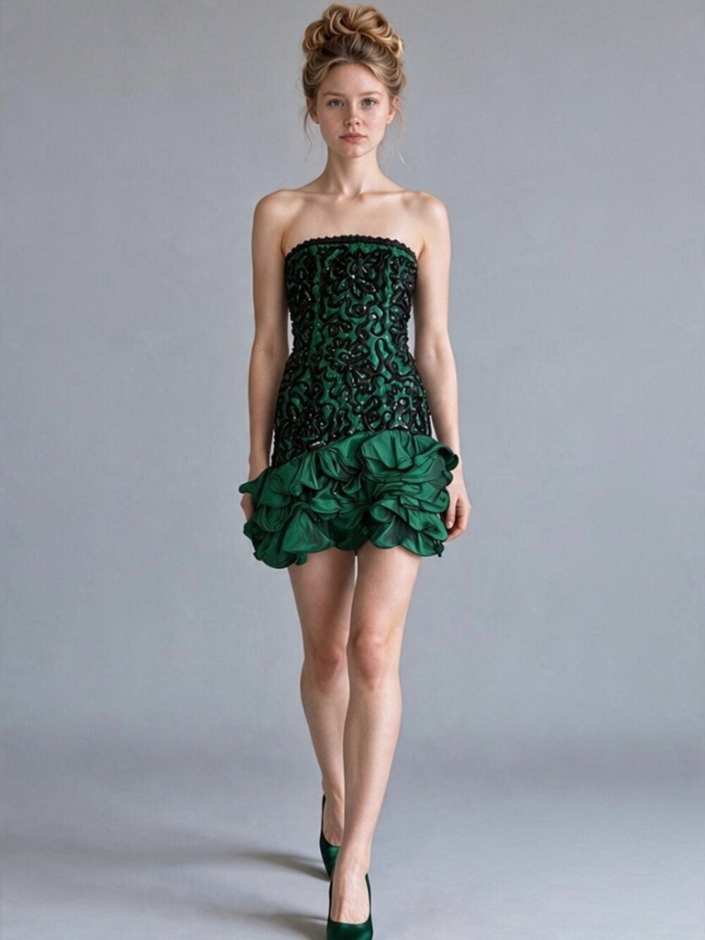 A.J. Bari Strapless Fitted Cocktail Mini Dress 80s Prom Coquette Green Black